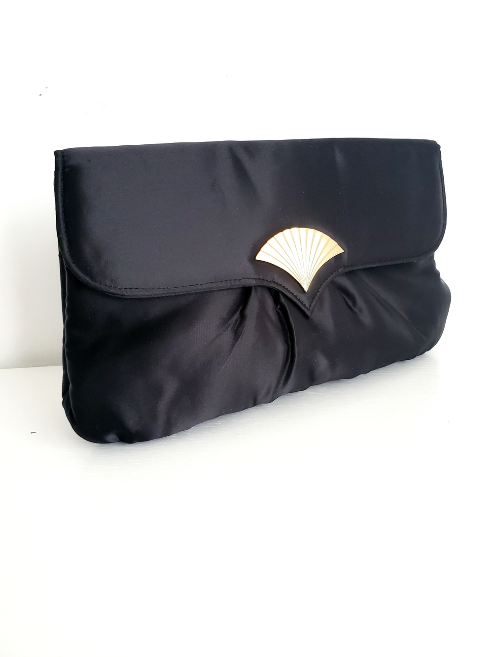 Black Satin Clutch with Gold Shell Accent